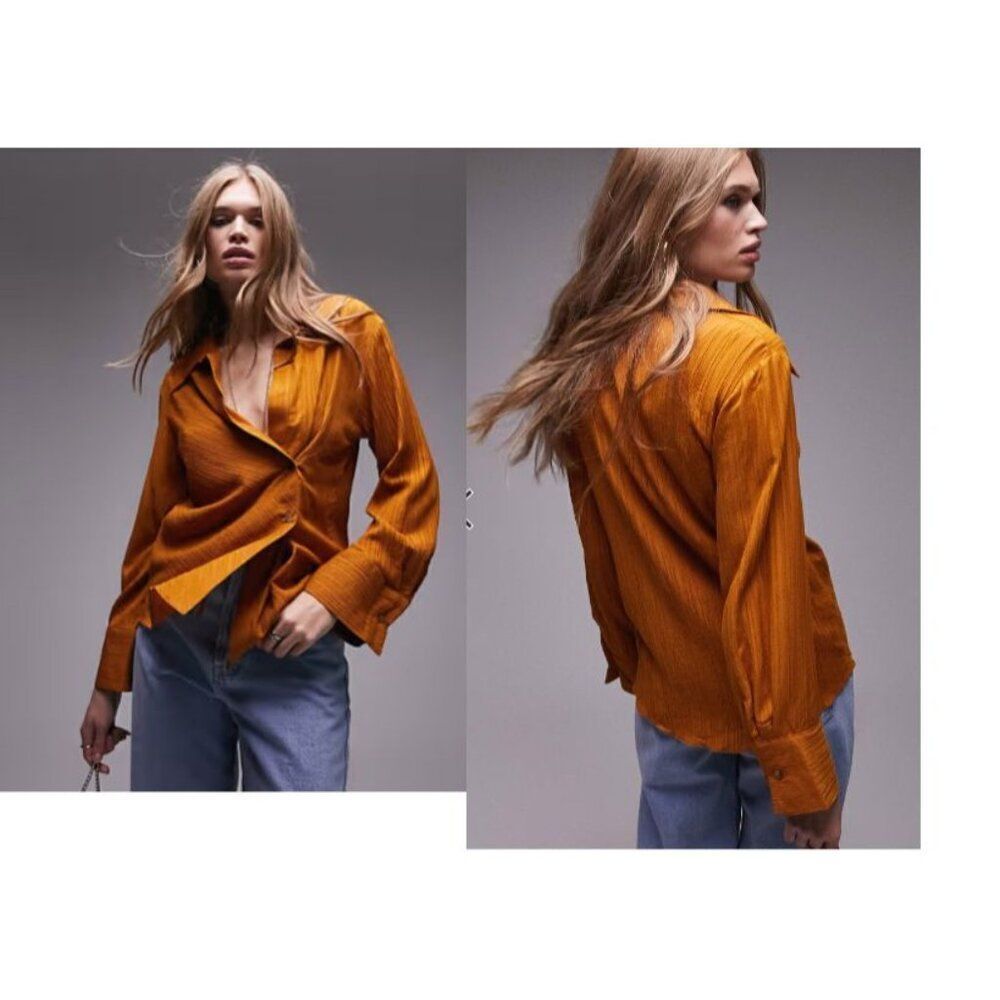 Topshop Textured Wrap Top In Tobacco-brown, US 10 - Picture 2 of 16